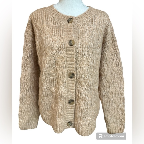 Lucky Brand Buttondown Crew Neck CableKnit Cardigan Sweater TwoToned Light M - Picture 1 of 10